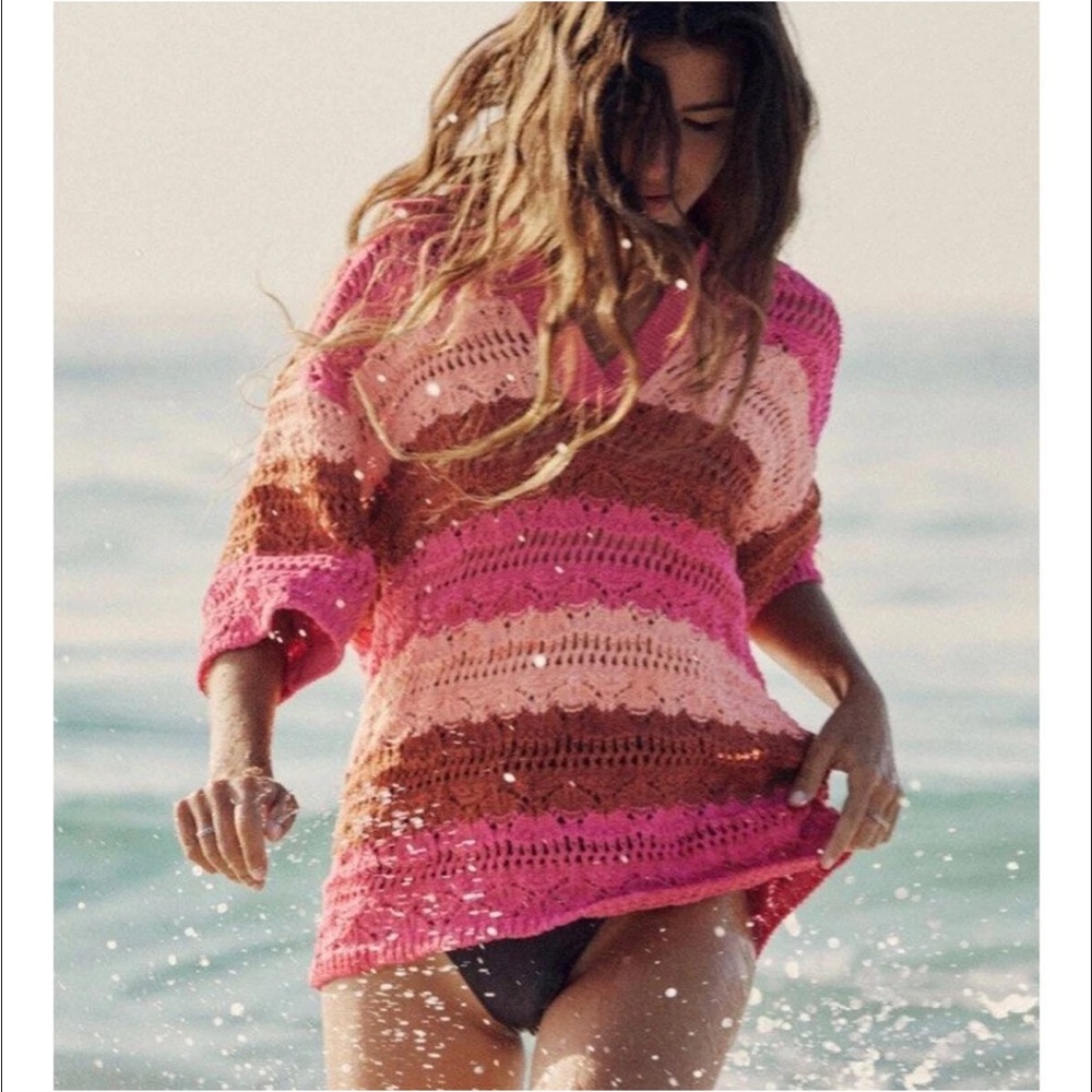 ZARA OVERSIZED CROCHET KNIT POLO SWEATER TOP TUNIC PINK BROWN STRIPED SZ L-XL